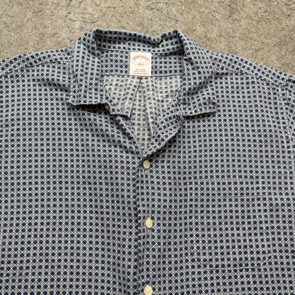 Brooks Brothers Linen Camp Shirt Men L Blue Geometric Short Sleeve Cotton Blend - Picture 1 of 11